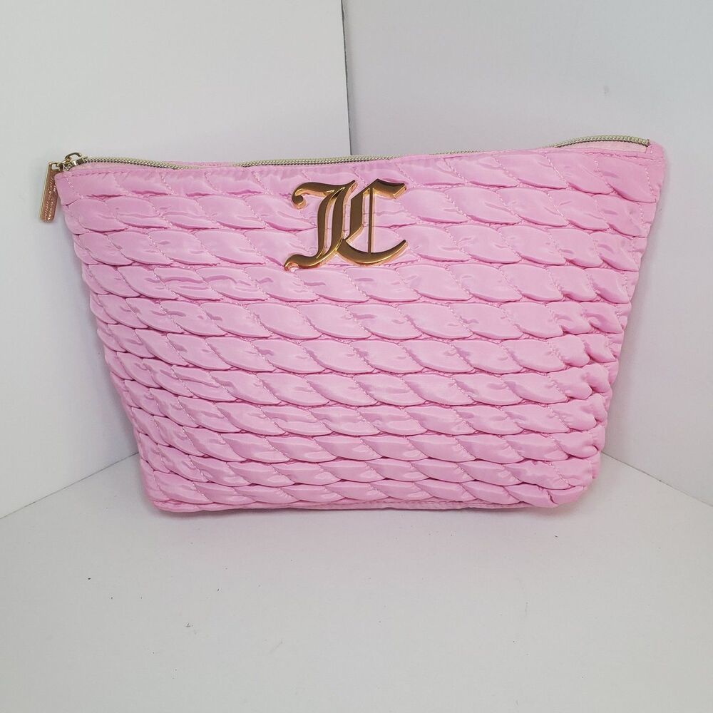Juicy Couture Large Quilted Makeup Cosmetic Travel Zipper Bag Logo Baby Pink